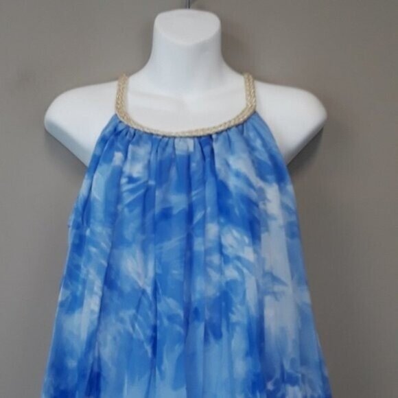 Kaktus Womens BOHO Tunic Top Small Blue Tie Dye Sleeveless Pleated Beach - Picture 2 of 7